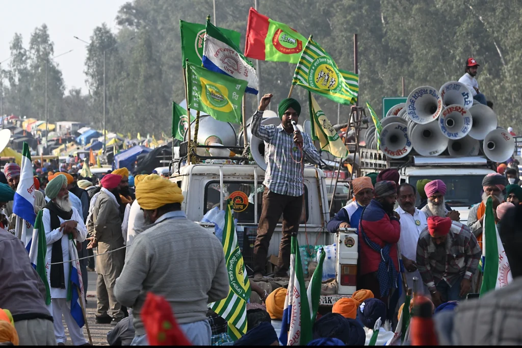Demonstrators at a farmers' protest near the Haryana-Punjab state border in Rajpura on February 16, photographed by Prakash Singh for Bloomberg