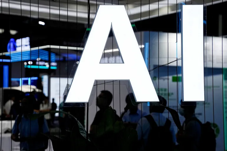 At the World Artificial Intelligence Conference in Shanghai, China, a sign promoting AI (artificial intelligence) is displayed on July 6, 2023.
