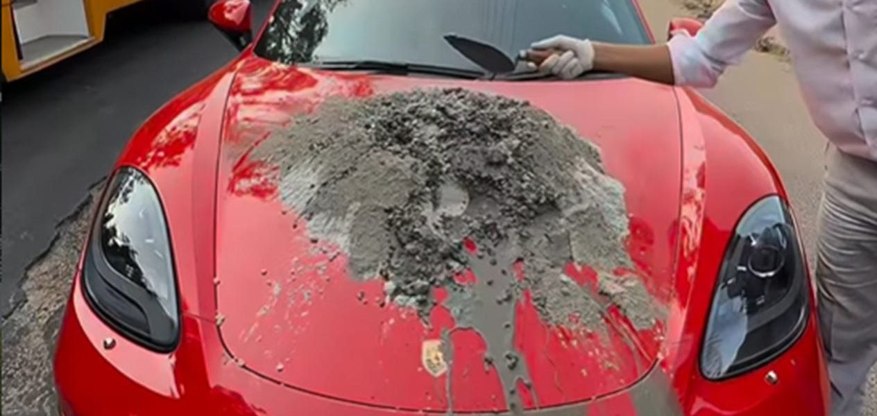 Viral Outrage: Man Mixes Concrete on Porsche Boxster Hood, Sparks Investigation and Debate