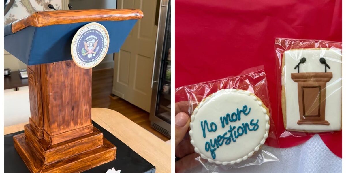 Katie Miller Hosts Party for Karoline Leavitt Featuring White House Lectern Cake Katie Miller Hosts Party for Karoline Leavitt Featuring White House Lectern Cake