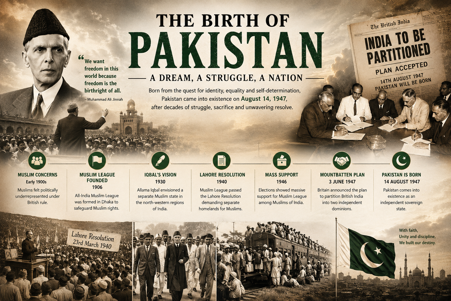 From Jinnah's Lahore Resolution to Radcliffe's hurried border and the mass migration that followed, the story of how Pakistan came into being at midnight on August 14, 1947.