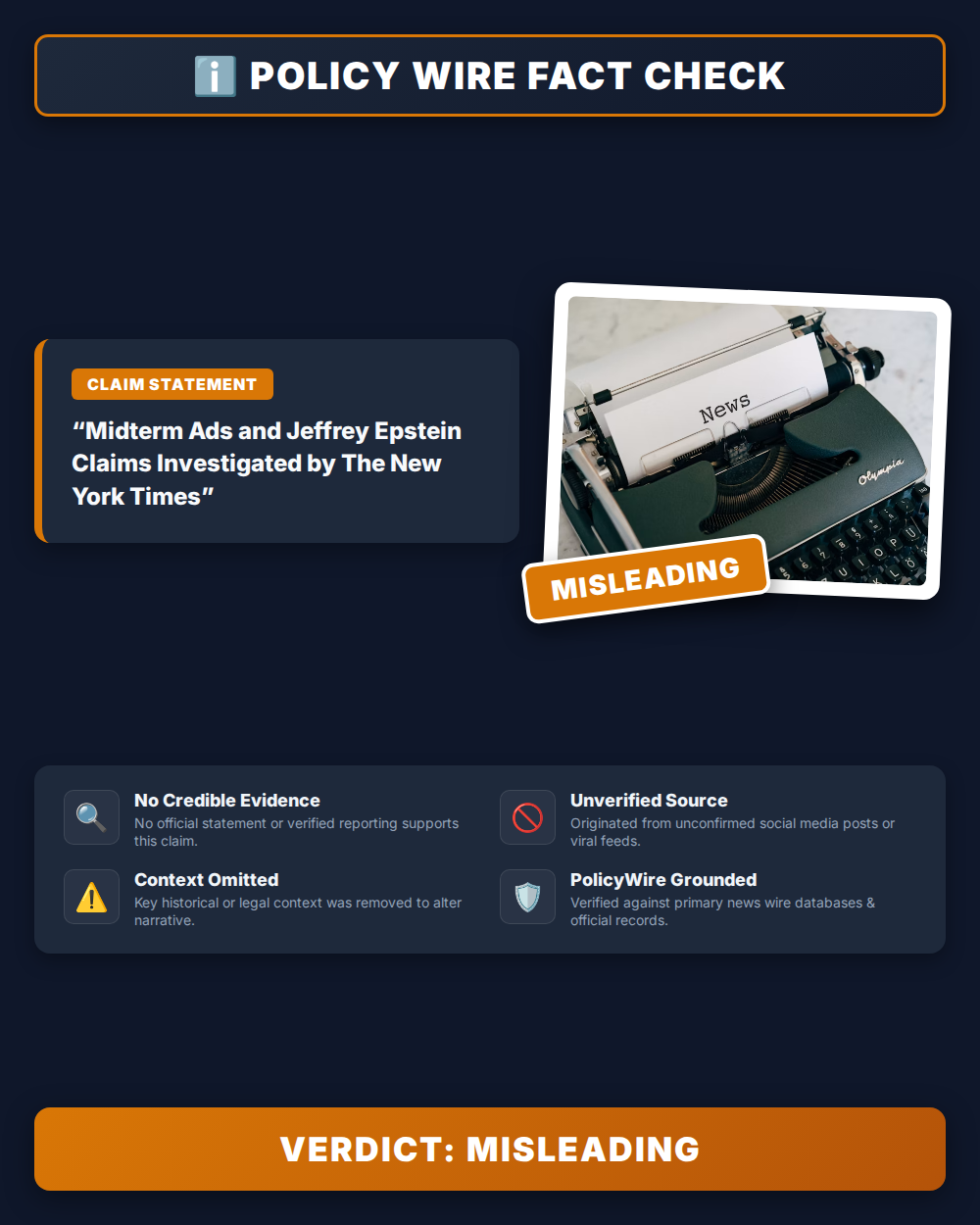 POLICY WIRE FACT CHECK: Midterm Ads and Jeffrey Epstein Claims Investigated by The New York Times POLICY WIRE FACT CHECK: Midterm Ads and Jeffrey Epstein Claims Investigated by The New York Times